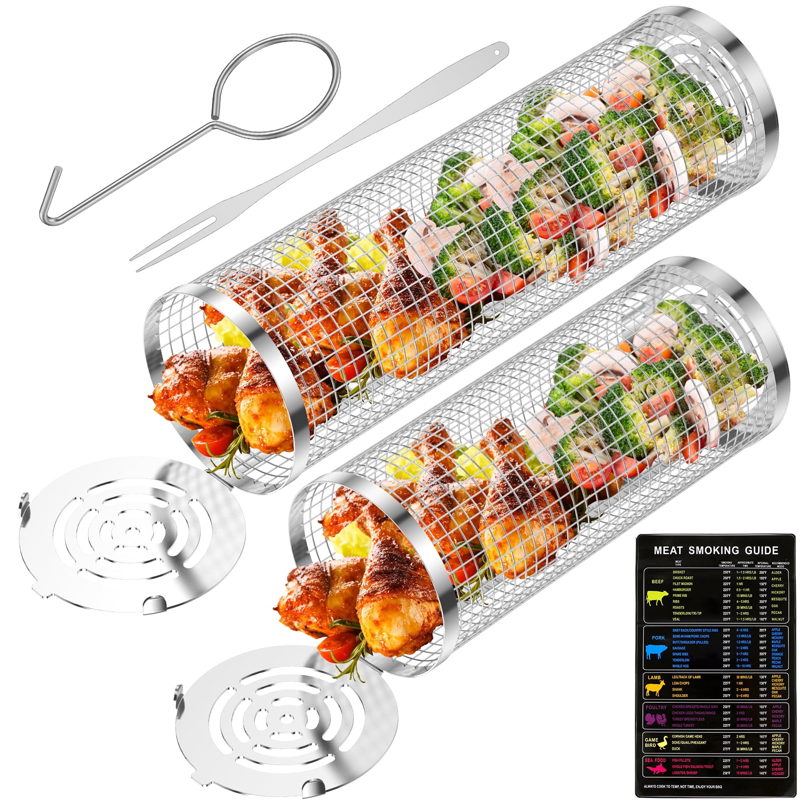 2Pcs Rolling Grilling Basket Stainless Steel Rotisserie Basket NonStick Outdoor BBQ Round Grill