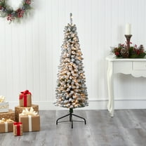 Nearly Natural 5ft. Flocked Pencil Artificial Christmas Tree with 200 Clear Lights and 318 Bendable Branches