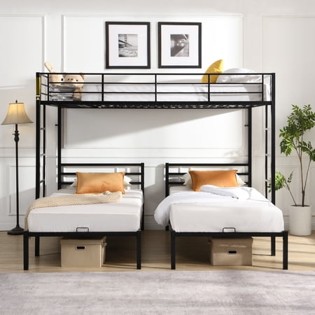Full Over Twin & Twin Metal Triple Bunk Bed – Heavy-Duty 500LB Capacity, Built-In Storage Shelf, Space-Saving Design, Non-Detachable Steel Frame