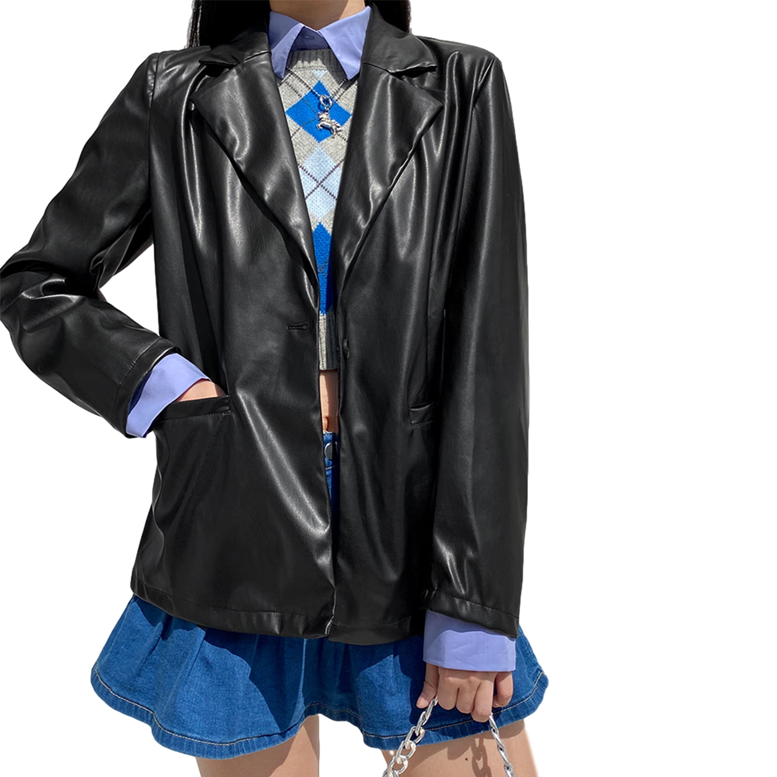 Sylvamorning Women Black Pu Leather Blazer Cool Lapel Button Jacket Coat Black