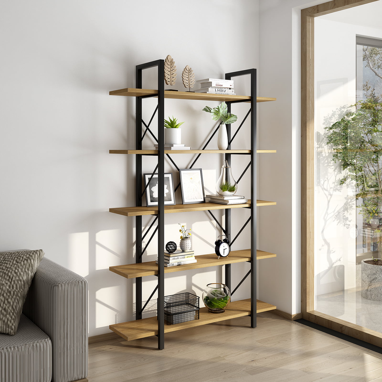 5-Tier Metal Wood Bookshelf Organizer Books Plants Holder Storage Shelving Rack