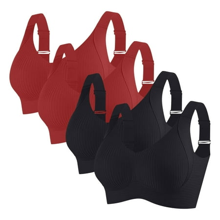 Levmjia Women Sexy Sports Bra Nylon Spandex Wireless Comfortable Supportive Everyday Wear Sleep Lounge Yoga Workout V Neck Solid Color 32-40B/C/D Black Red