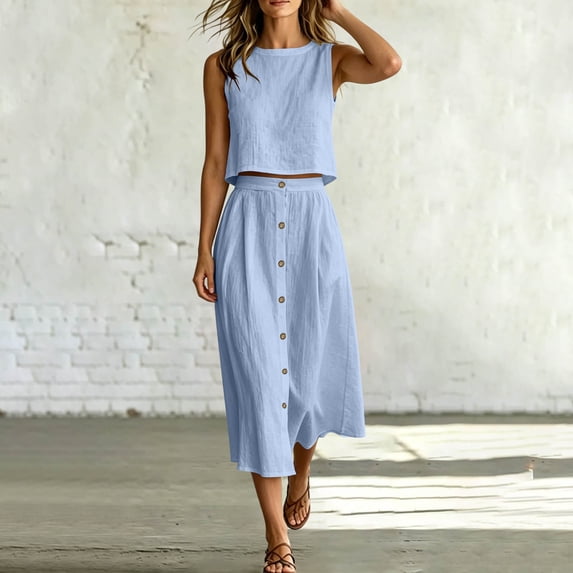 Miluxas Women's Casual 2 Piece Outfits Sleeveless Crewneck Crop Tank Top and Long Skirt Sets with Pockets Summer Beach Vacation Outfits Light Blue