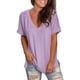 thumbnail image 3 of Tops de otoño para mujer,Blusa informal de cuello en V y manga corta con mangas enrolladas, mezcla de poliéster y elastano, corte holgado para mujer, sopatenor, 3 of 8