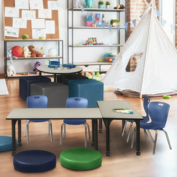 Regency Kee 60 x 30 in. Mobile Adjustable Classroom Table- Maple & 2 Andy 12 in. Stack Chairs- Blue