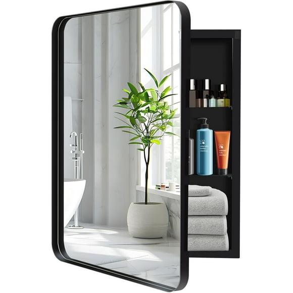 VGRFM 24" x 32" Black Bathroom Medicine Cabinet with Mirror, Recessed or Wall Mount Single Door Aluminum Alloy Framed, Bathroom Storage Cabinet with 2 Adjustable Glass Shelves