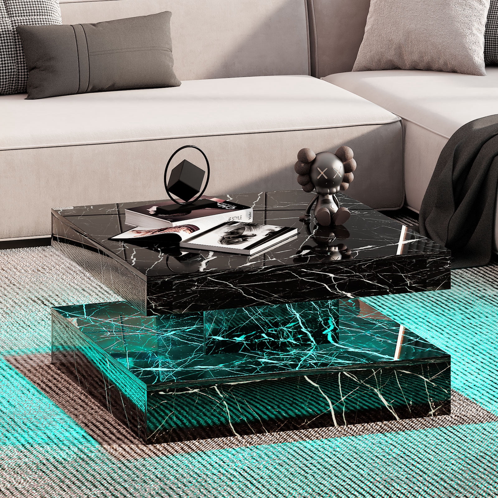 Hironpal Hironpal Modern Black Marble Square LED Coffee Table - 2-Tier Storage, 20-Color LED Light, Contemporary Glossy Cocktail Tea Table for Home Office Reception
