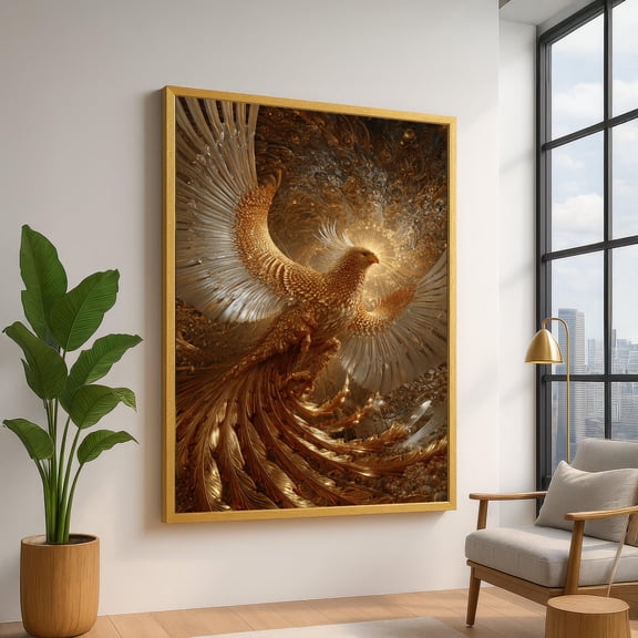 Majestic Golden Phoenix, Abstract Bird Wall Art, Metallic Feather Design, Fantasy Home Decor, Inspirational Print UNFRAMED Poster, Wall Art for Decor, Present, 8x12