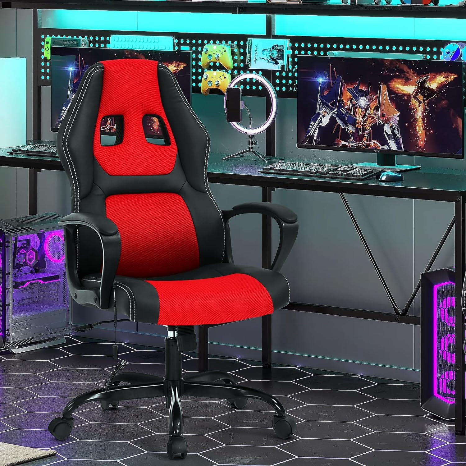 Dkelincs Gaming Chair Massage Computer Chair Ergonomic Video Game Chairs, Adjustable Office Desk Chair with Lumbar Support & Armrest for Teens & Children, Red