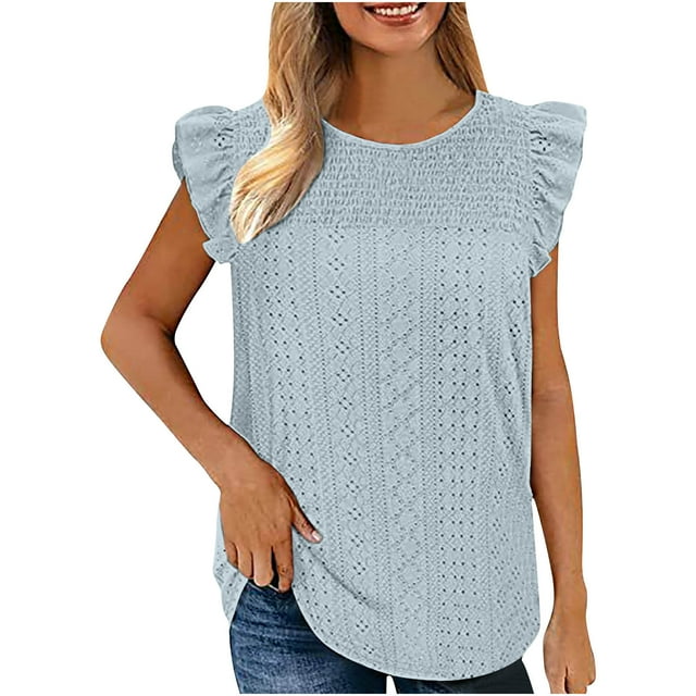 Hauts à Manches à Volants pour Femmes, Débardeur Sans Manches à Col Rond Uni avec Panneau Découpé, Hauts à Volants Sans Manches, Hauts à Manches 1/2 pour Femmes