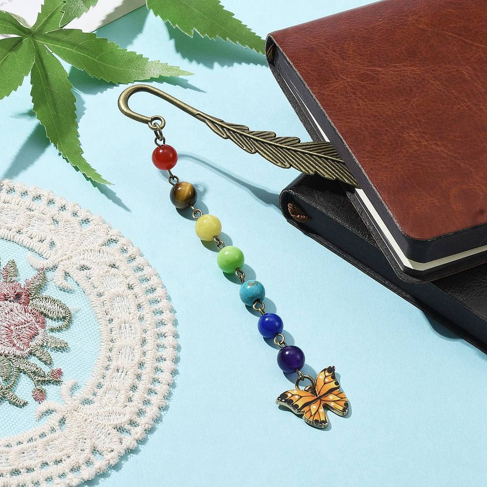 Butterfly Alloy Enamel Pendant Bookmark with Chakra Gemstone Bead Alloy Feather Bookmarks Gold 140x14.5x3.5mm