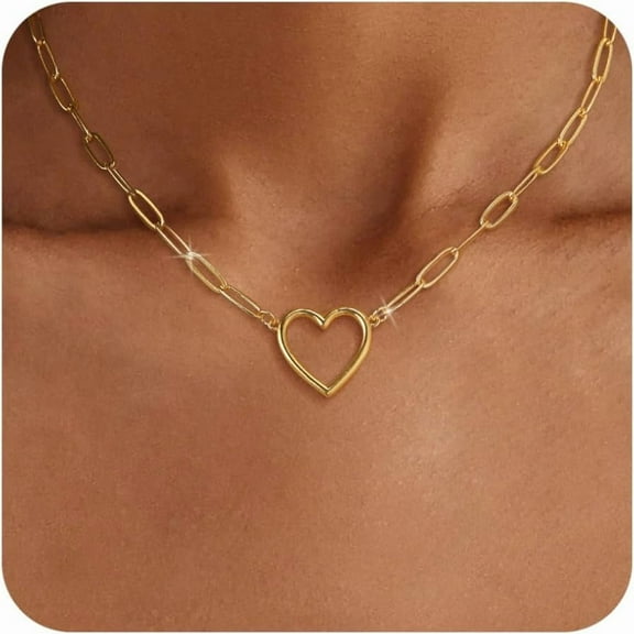 Gold Chunky Necklaces for Women 14K Gold/Silver Plated Chain Toggle Clasp Necklace Dainty Heart Pendant Paperclip Necklace Evil Eye Choker Necklace For Women