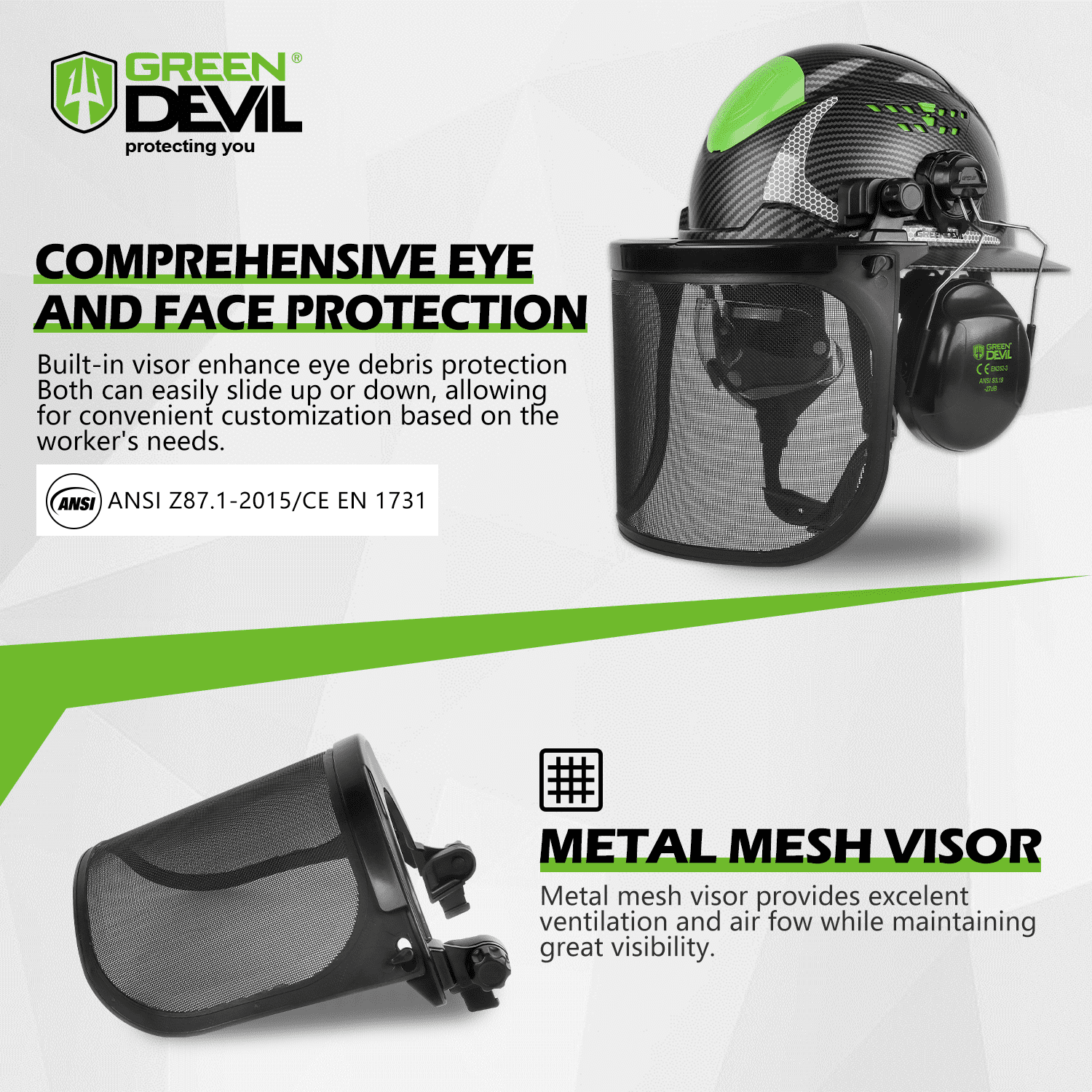 GREEN DEVIL Industrial Chainsaw Helmet with Face Shield Built in Visor and Ear Muffs 4 in 1 System ANSI Z89.1 Full Brim Safety Hard Hat Adjustable Headgear Ideal for Forestry and Arborist Work