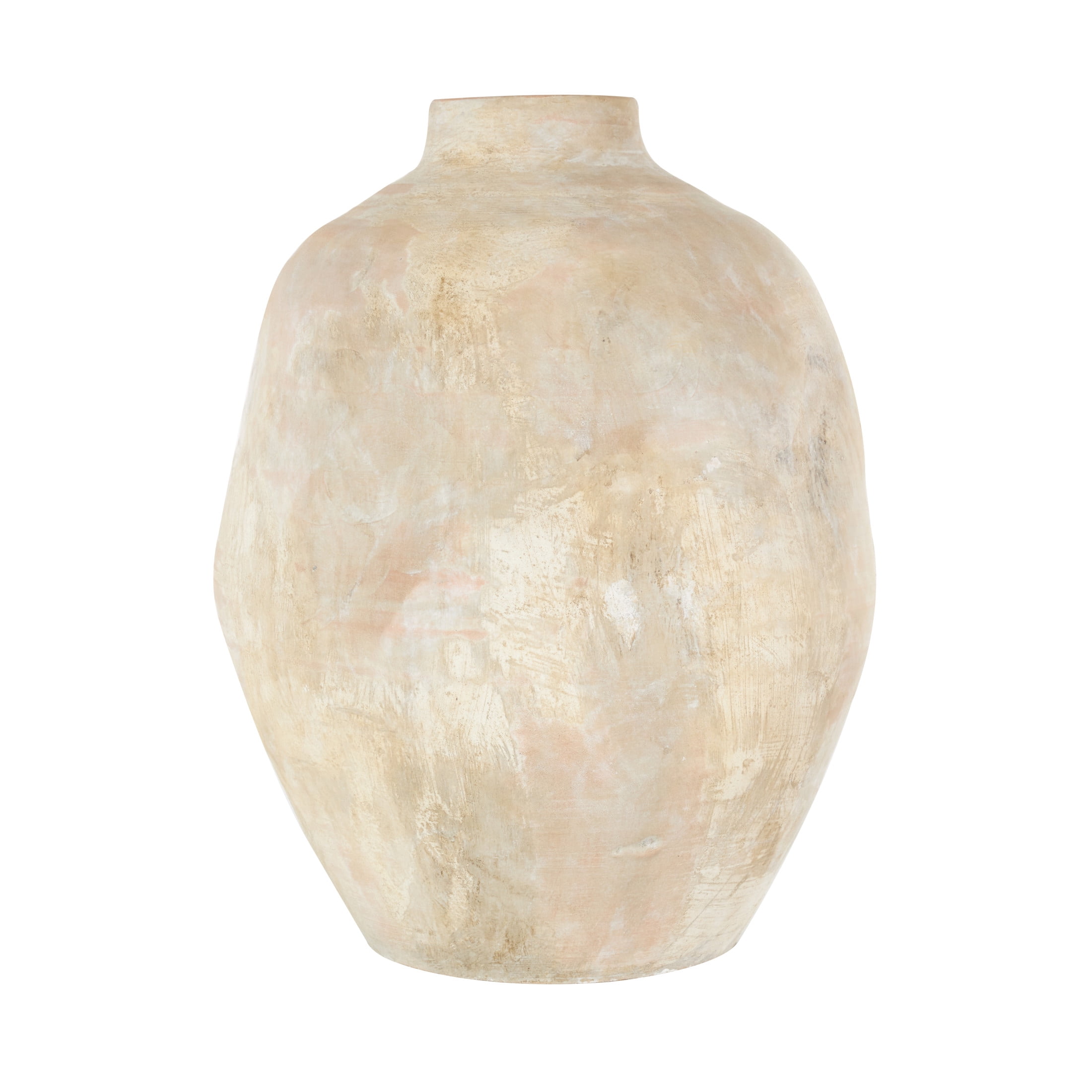 DecMode 14" Antique Wide Beige Ceramic Vase with Shades of Pink