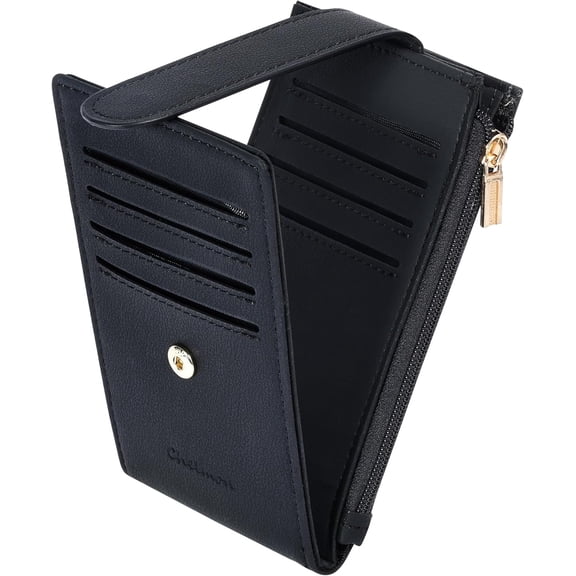 Womens Wallet Slim RFID Blocking Bifold Multi Card Case Wallet with Zipper Pocket (Black Smooth)