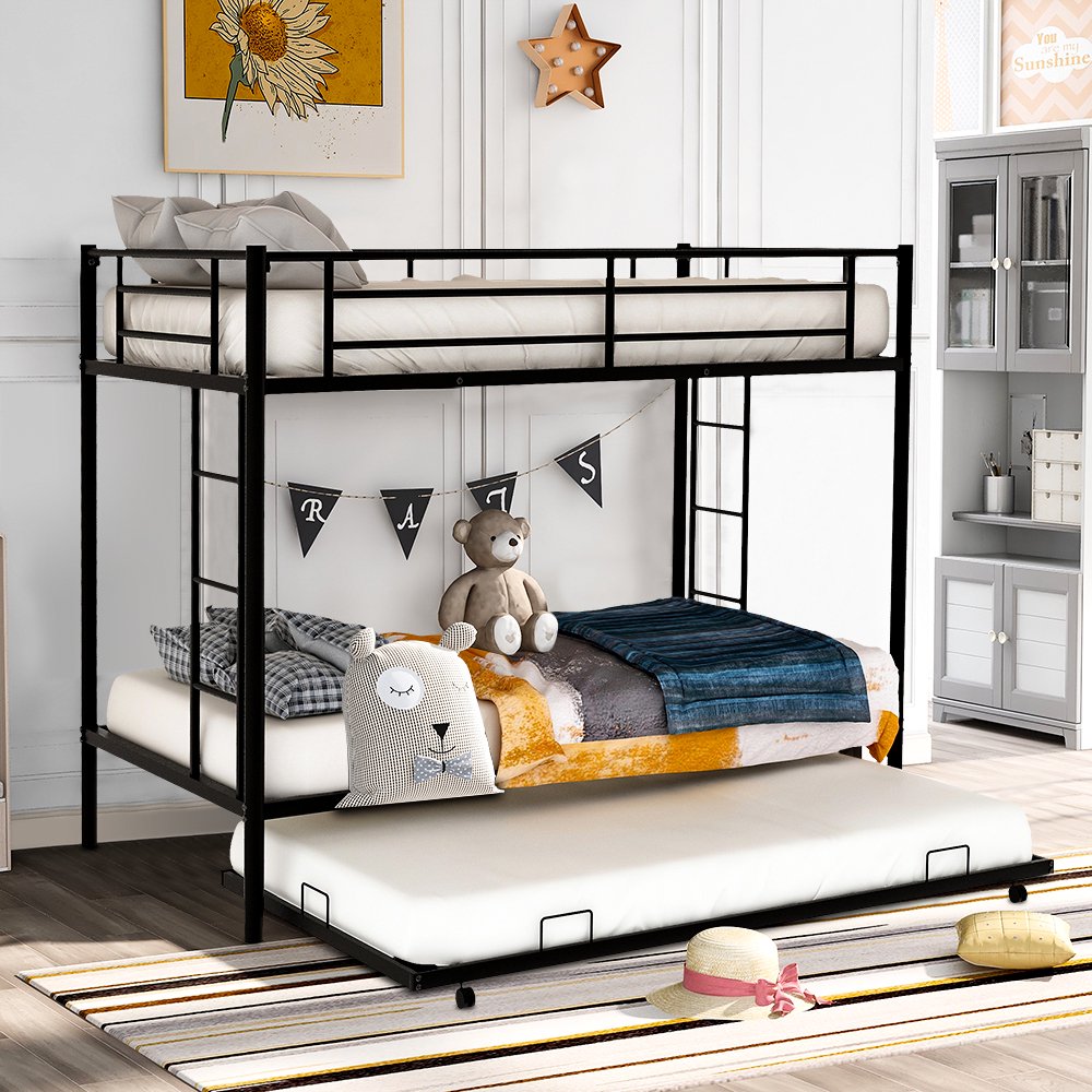 enyopro Bunkbed with Roll Out Trundle Bed Frame, Twin Over Twin Metal