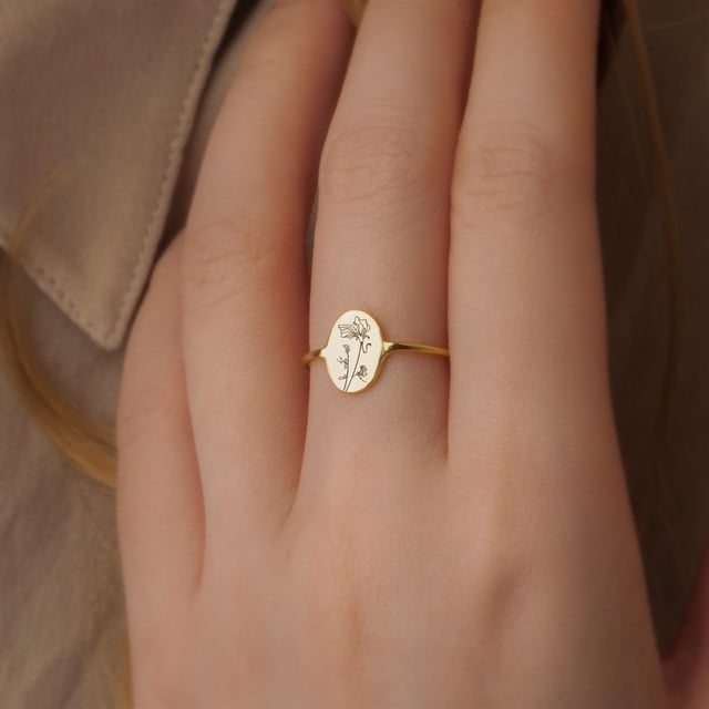 Birth Flower Ring Personalized - Oval Birth Month Flower Ring - Custom Flower Ring Bridesmaid Gifts - Birthday Gifts for Mom