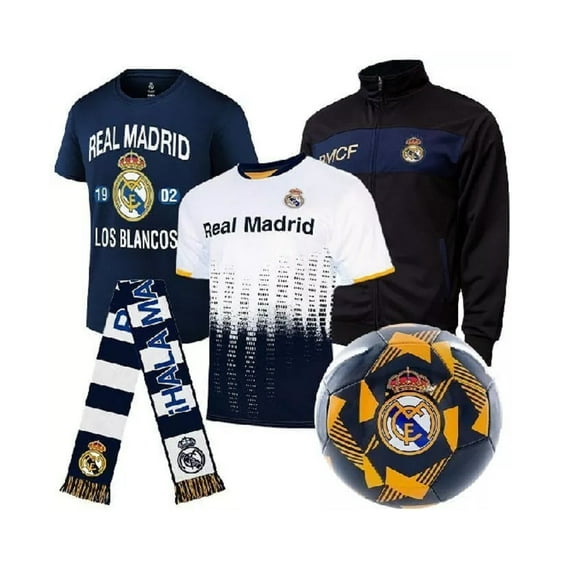 Real Madrid Ultimate Fan Pack , 5-Piece Soccer Set - Jacket, T-Shirts,Jersey, Scarf, And Ball - Large