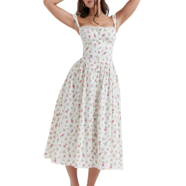 xiaxaixu Robe Midi d'Été pour Femmes, Sans Manches Bouton Imprimé Floral vers le Bas Flowy A-Line Débardeur Robe
