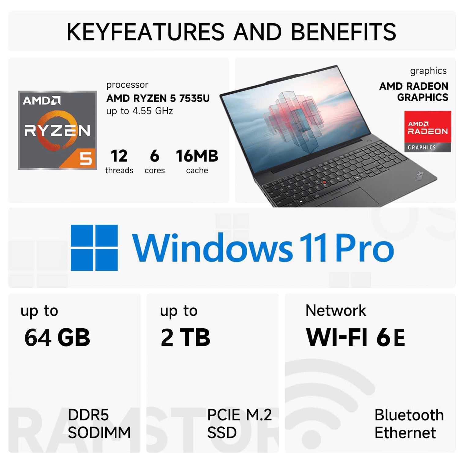 Lenovo ThinkPad E16 Business Laptop, 16" FHD+ Touchscreen, AMD Ryzen 5 7535U, 32GB DDR5, 1TB SSD, Windows 11 Pro