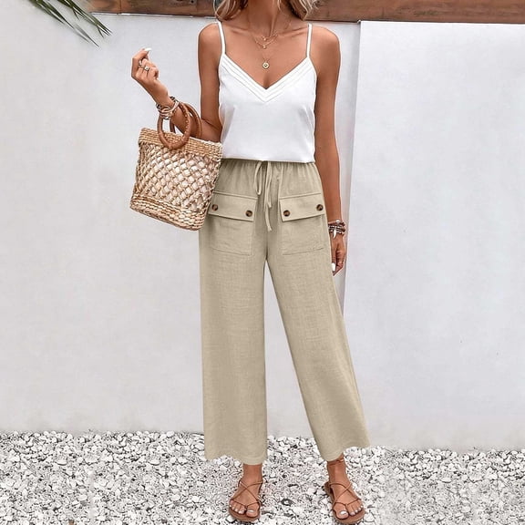 AGWOLF Women's Linen Capri Pants Dressy Casual Wide Leg Crop Pant with Drawstring Elastic High Waist Cropped Trousers with Pockets Beach Vacation Travel Outfits Khaki M