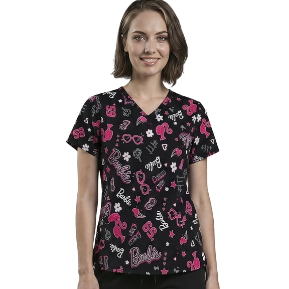 Barbie Women’s Short Sleeve V-Neck Classic Fit All Over Print Novelty Scrub Top (S-3XL)