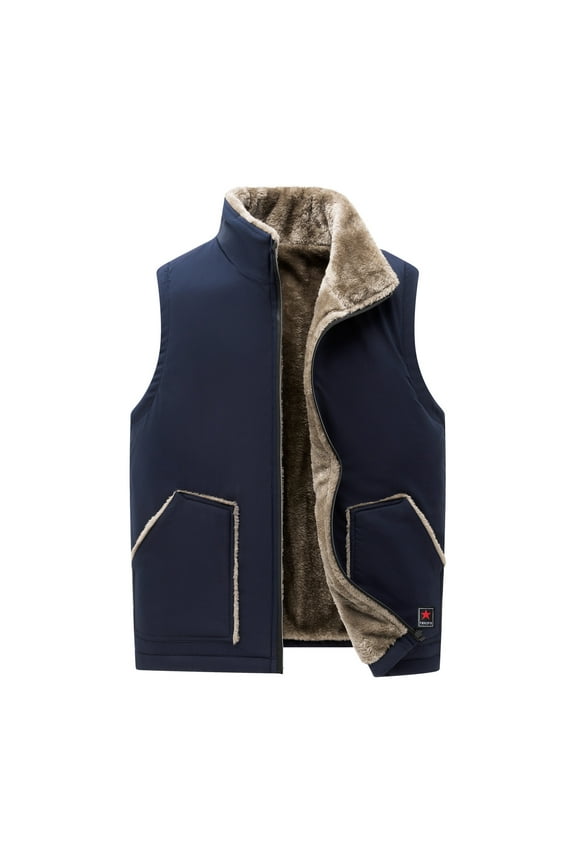 Men's Casual Fleece Vest Winter Solid Color Zipper Stand Collar Sleeveless Padded Vest Coat with Pockets Blue