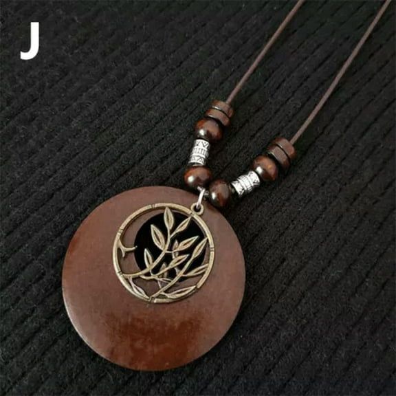 K-KED Ethnic Wooden Beaded Pendant Necklace Tibetan Long Chain Women Party Jewelry-J