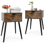 XGeek Set of 2 Mid Century Wood Side Table, End Table with 1 Storage Drawer, Nightstand for Bedroom Living Room, Rustic Brown and Black