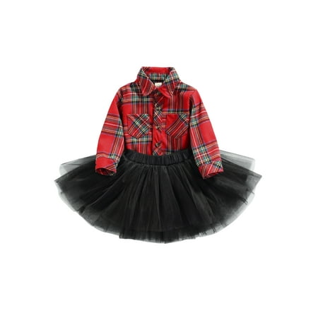 

Calsunbaby 2PCS Toddler Infant Baby Girls Long-sleeved Shirt Mesh Skirt Multi-layer British Plaid Print