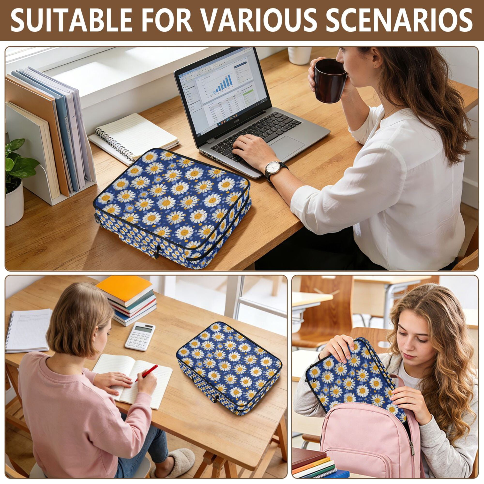 FORMRS Accordion File Folder A4 Size 7-Pocket Expanding Document Organizer Bag with 3 Ring Binder, Elegant Daisy Pattern