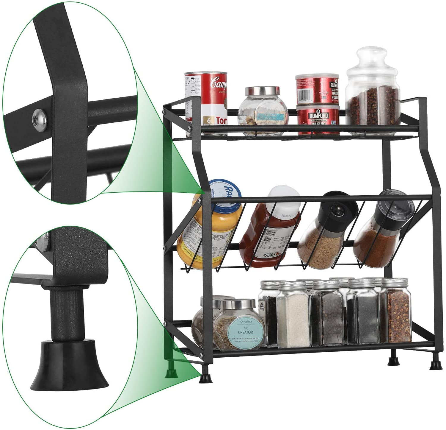 Oumilen 3 Tiers Spice Rack Organizer Freestanding Kitchen Metal Spice Holder Storage, Black