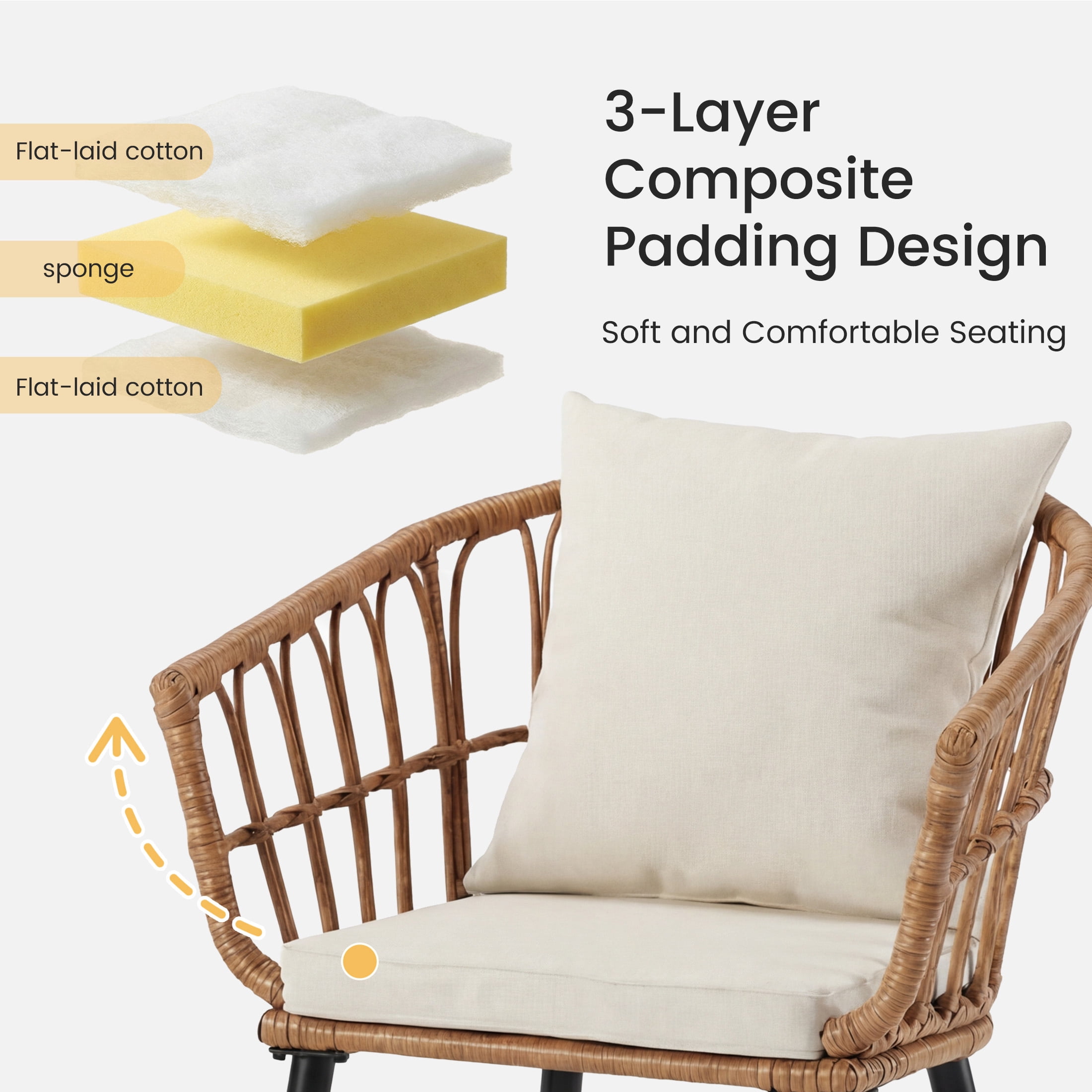 EDX 3 Piece Outdoor Patio Wicker Furniture Set, Rattan Chairs with Tempered Glass Coffee Table, Sturdy Steel Frame, Washable Cushions, for Balcony Backyard Poolside Lawn,Beige