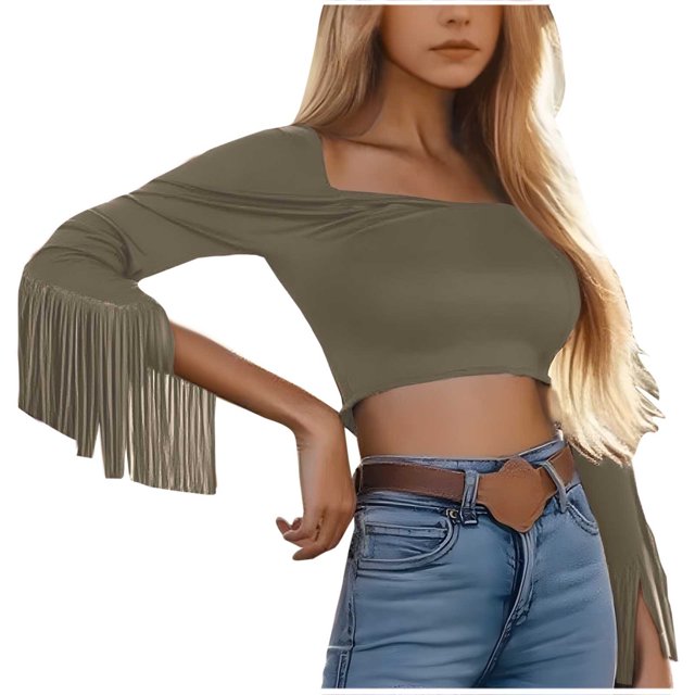 HongQid Fringe Tops for Women Western Cowgirl Fall Long Sleeve with Tassels Stretchy Crop Shirts Blouses