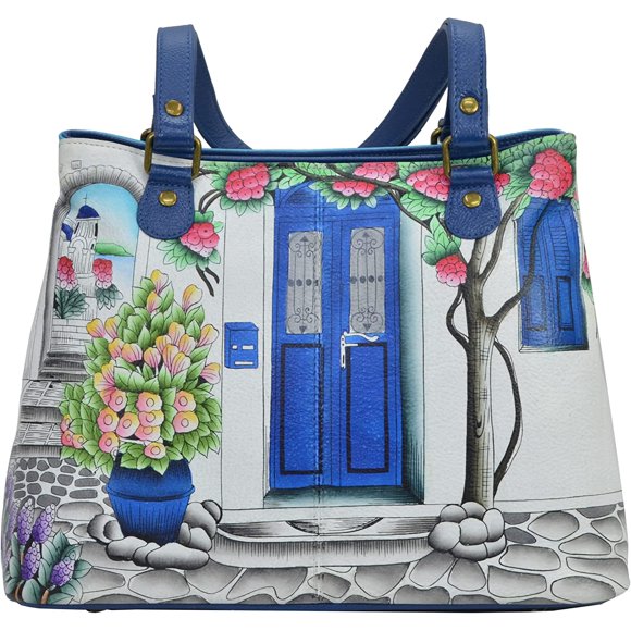 Anna by Anuschka Hand Painted Women’s Genuine Leather Shoulder Satchel - Soft Handbag with Zipper Entry, Two Compartments, and Double Shoulder Straps