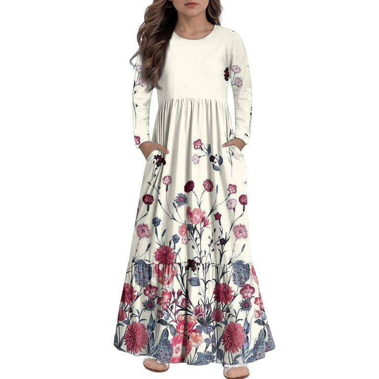 Drmagiyhm Girls Maxi Dresses Size 10-12 Fall Crew Neck Tiered Dress  Long-Sleeve Casual Floral Print Cute A-Line Dresses with Pockets 7-8 Years