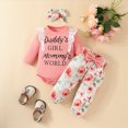 thumbnail image 2 of Infant Baby Girl Winter Clothes Set Cute Letter DADDY'S GIRL MOMMY'S WORLD Printed Long Sleeve Ruffle Romper Floral Trousers Pants and Bow Headband 3-Piece Set 0 3 6 9 12 18 Months, 2 of 6