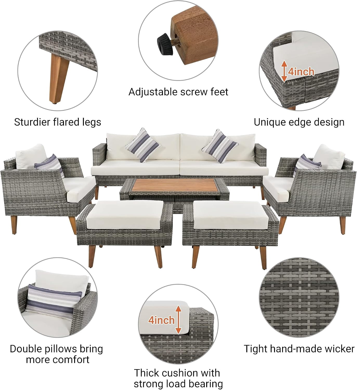 6-Piece All Weather PE Wicker Patio Sofa Set, Outdoor Rattan Seating with Double Cushions, Wood Table Top & Legs, Beige & Gray