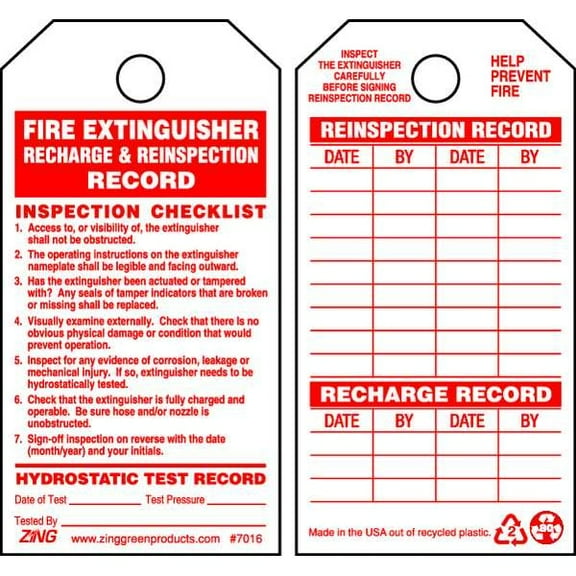 Zing Fire Extinguisher Tag, 5 3/4 in Height, 3 in Width 7016