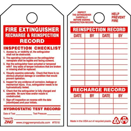Zing Fire Extinguisher Tag,3.25"x5.75",PK10 7016