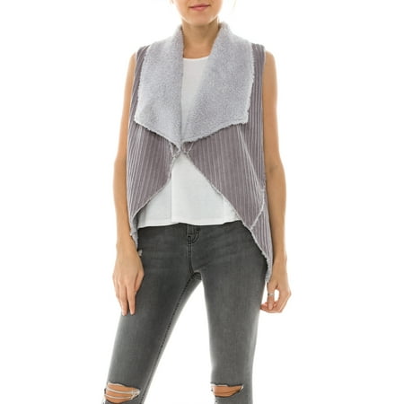 KOGMO Womens Faux Fur Shearing Fully Lined Suede Vest Coat with Stripe Textured