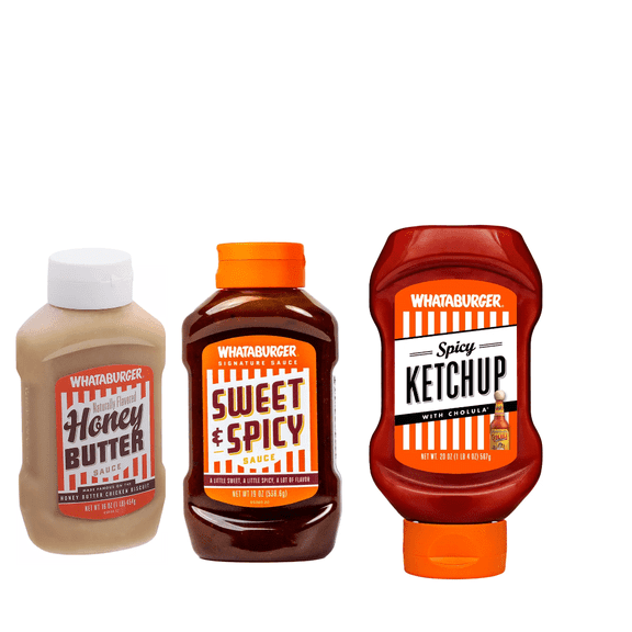 Whataburger Honey Butter, 16 oz Whataburger Sweet & Spicy Sauce, 16 oz Whataburger Spicy Ketchup with Cholula, 20 oz