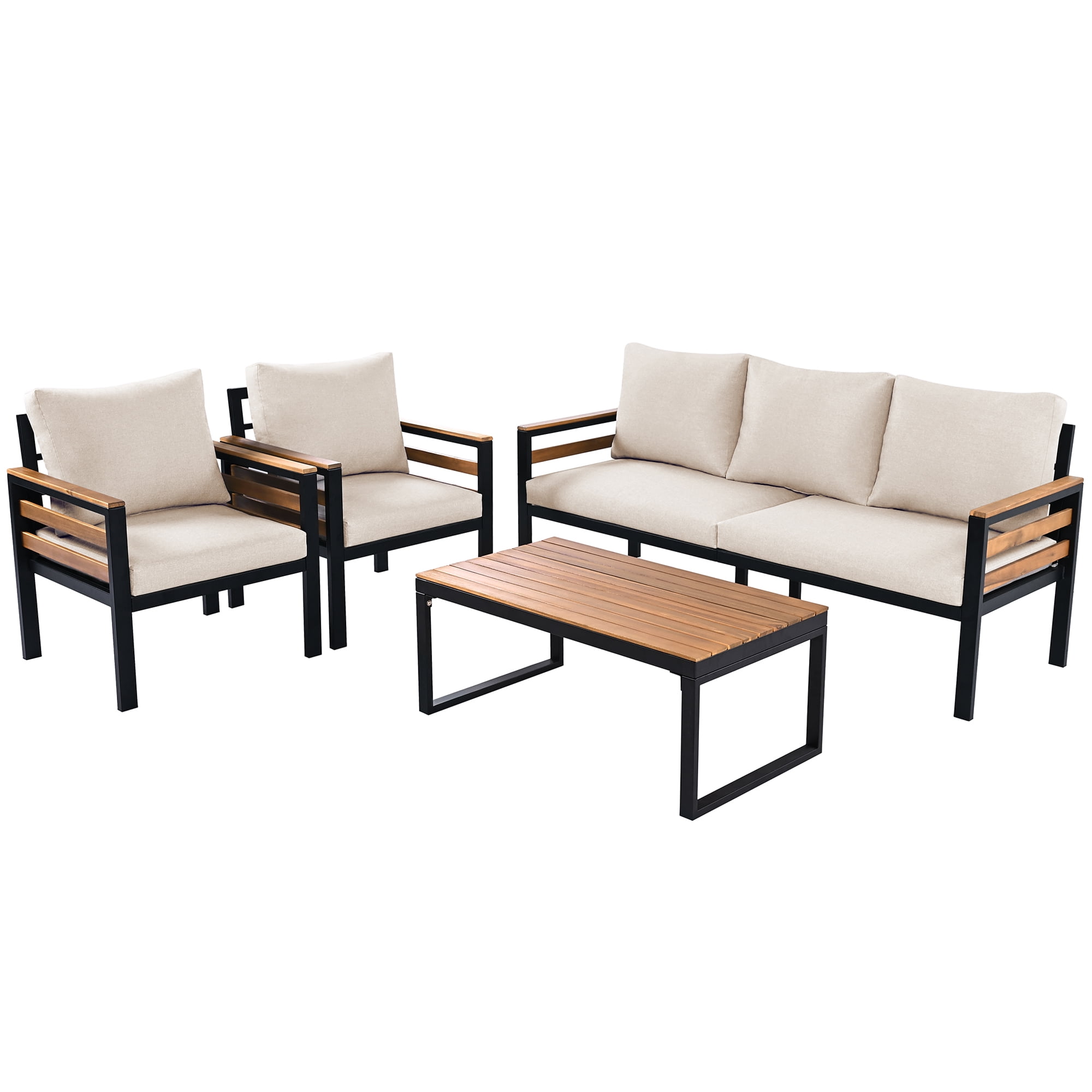 Leumius 4 Pieces Patio Furniture Set,Outdoor Patio Conversation Set with Removable Cushion and Solid Wood Coffee Table for Poolside, Backyard,Garden,Beige