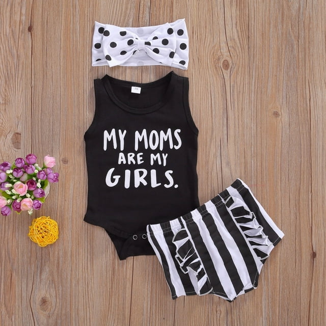Bébé Été Tenues Enfant en Bas Âge Sans Manches Col Rond Lettre Romper Volant Rayé Short Polka Point Arc Bandeau