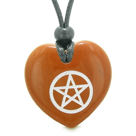 Red Jasper Heart Necklace - Amulet Magical Pentacle Protection Powers Puffy Heart Energy Red Jasper Pendant Adjustable Necklace