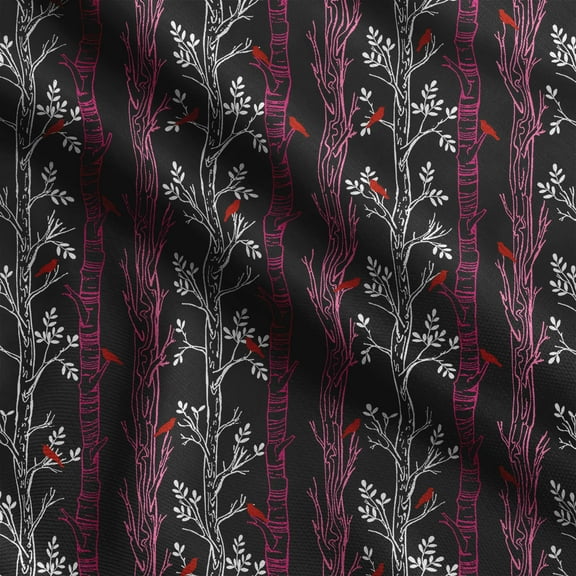 Soimoi Bird With Leaves Print, Silk Fabric, Decor Sewing Fabric by The Yard 42 Inch Wide,Decorative Fabric for Shirts Suits Ties, Black