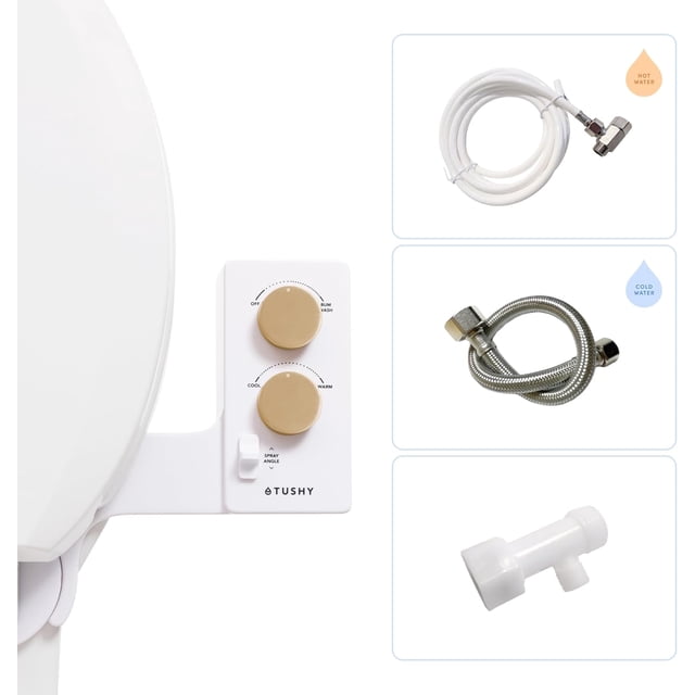 TUSHY Spa Royale Warm Water Bidet Seat Attachment. Self Cleaning Water Sprayer, Adjustable Pressure Nozzle, Angle Control. (Requires Sink Access for Water Temperature Control), Gold Knobs