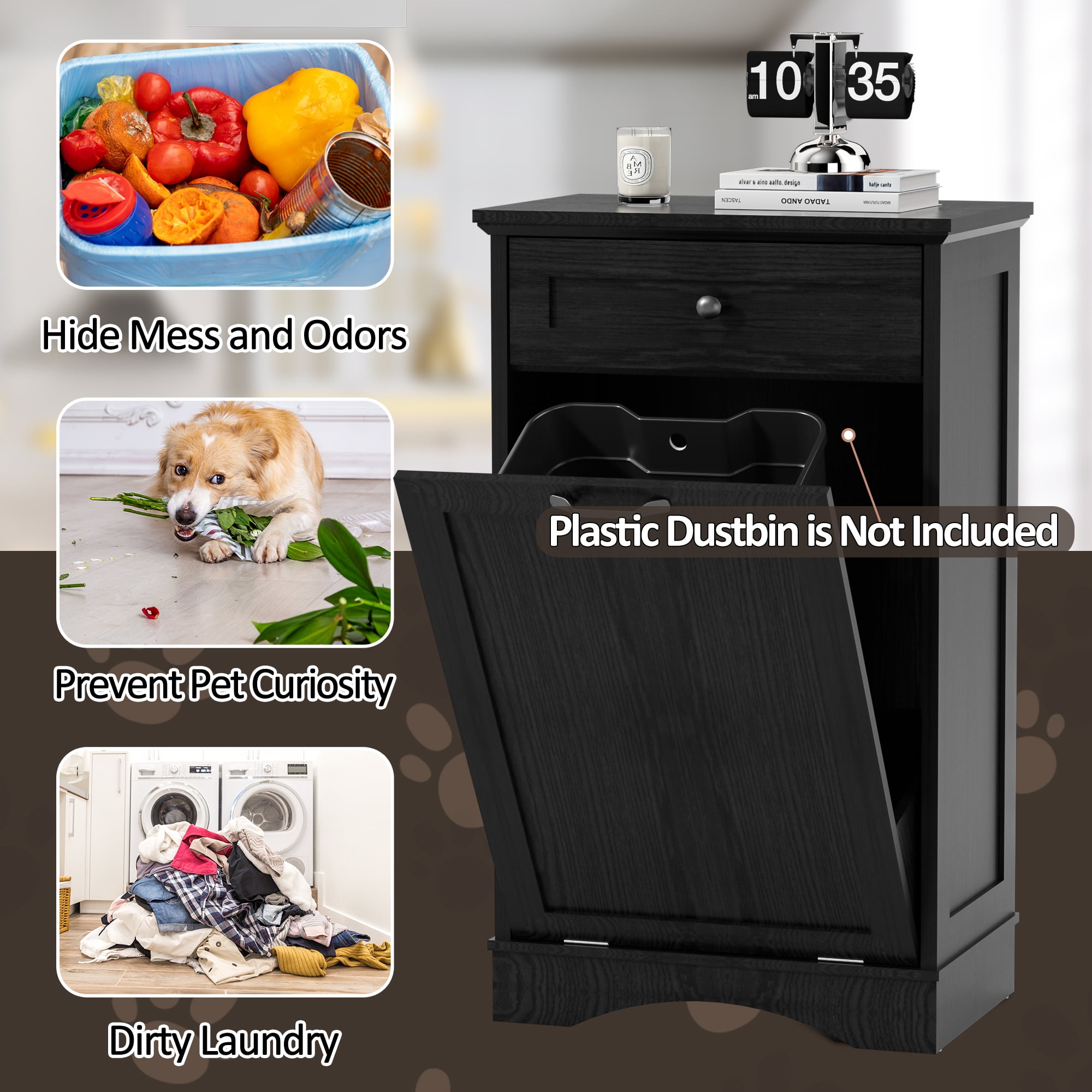 HARIPUL 13 Gallon Tilt Out Trash Cabinet for Kitchen, Single Kitchen Trash Can Cabinet with Drawers, Black