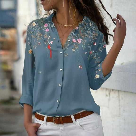 Womens Shirts Women's Floral Print Button Down Shirts Roll Up Sleeve Tops V Neck Collared Casual Work Blouses Fashion Clothing