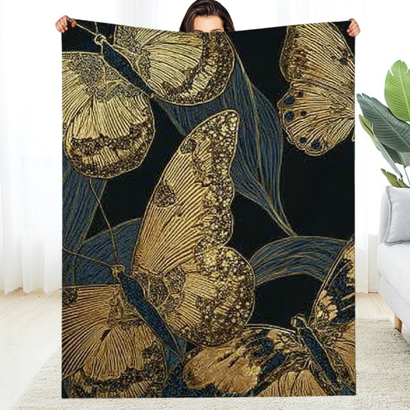 Creowell Butterflies Gold Foil Art Nouveau Cozy Blanket, Lightweight Reversible Soft Flannel, Multi-Purpose Gift for All Seasons 30*40in